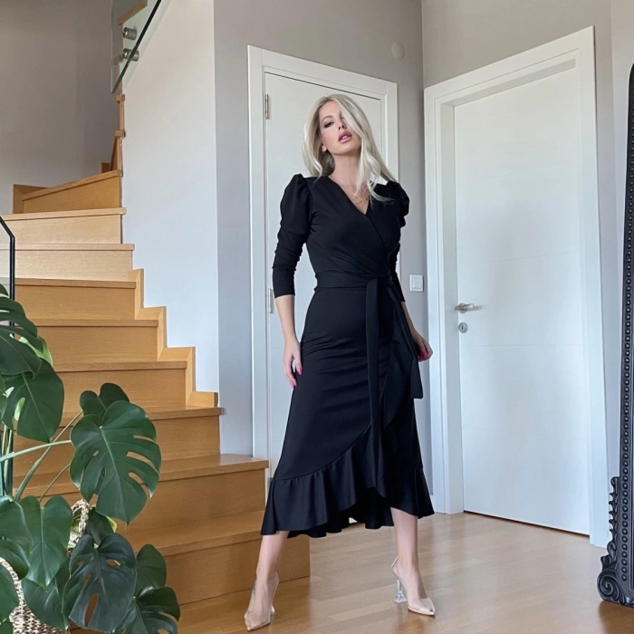 Krep Kumaş idi Boy Kuşaklı Uzunkol Elbise 113 Cm