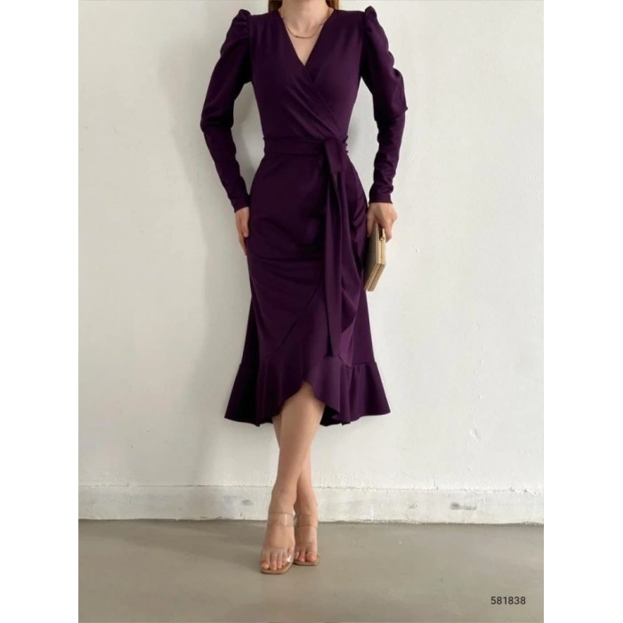 Krep Kumaş idi Boy Kuşaklı Uzunkol Elbise