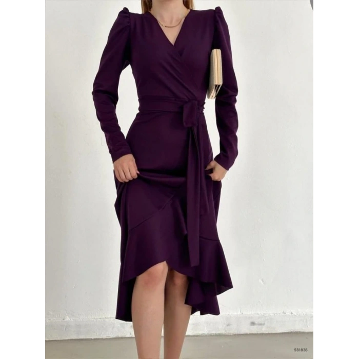 Krep Kumaş idi Boy Kuşaklı Uzunkol Elbise