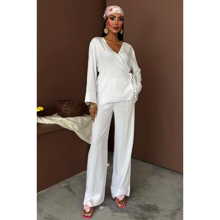 Kruvaze odel Klasik Pantolonlu Çupra Keten Takım 10191