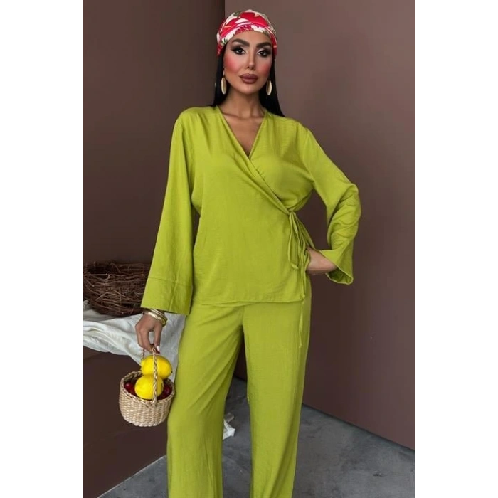 Kruvaze odel Klasik Pantolonlu Çupra Keten Takım 10191