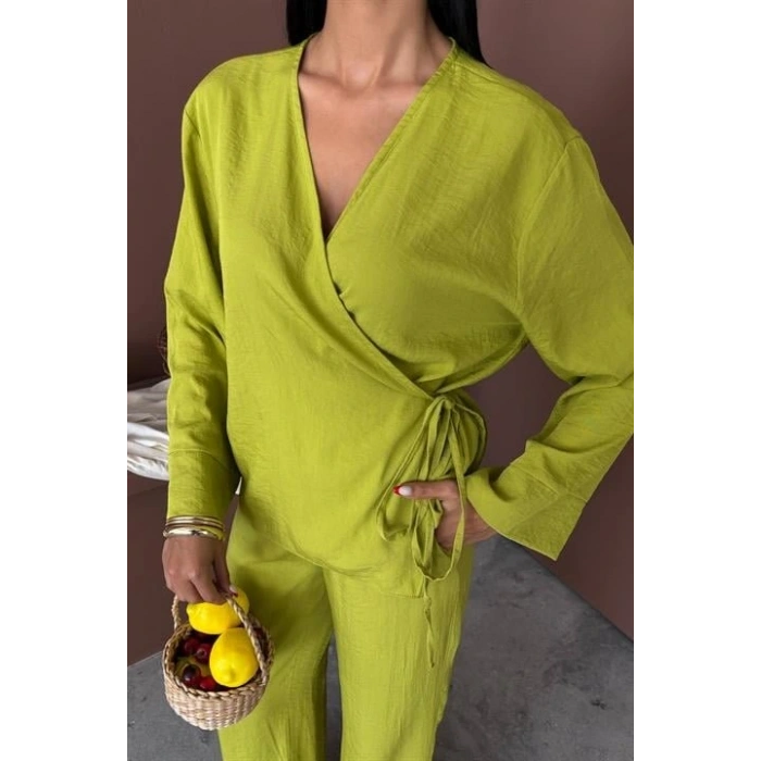 Kruvaze odel Klasik Pantolonlu Çupra Keten Takım 10191