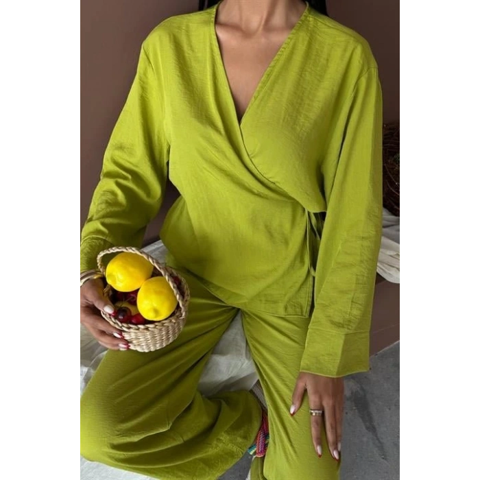 Kruvaze odel Klasik Pantolonlu Çupra Keten Takım 10191