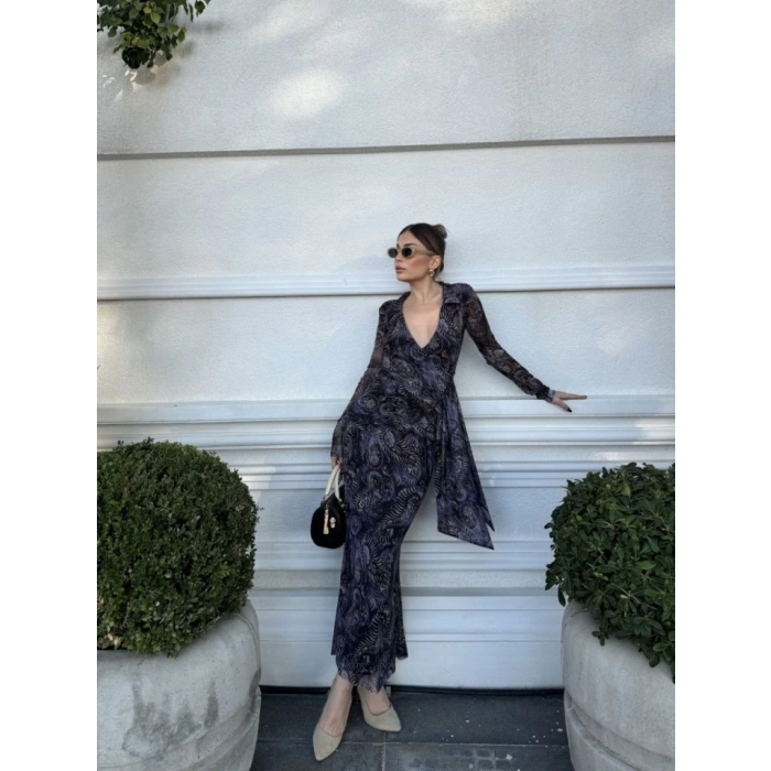 Kruvaze V Yaka, Fırfırlı Ve Bağcıklı Desenli Bluz Ve Midi Etek Takım  iyah