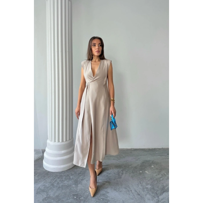 KRUVAZE VATKALI KOLSUZ ELBİSE ODAL KUAŞ  Bej