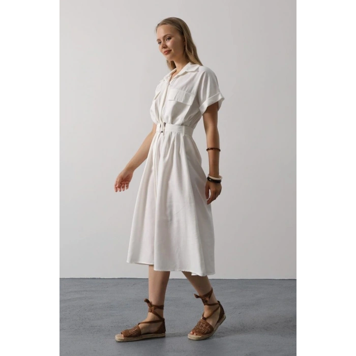 Kuşaklı Cep Detaylı Yarım Kol Elbise  Beyaz