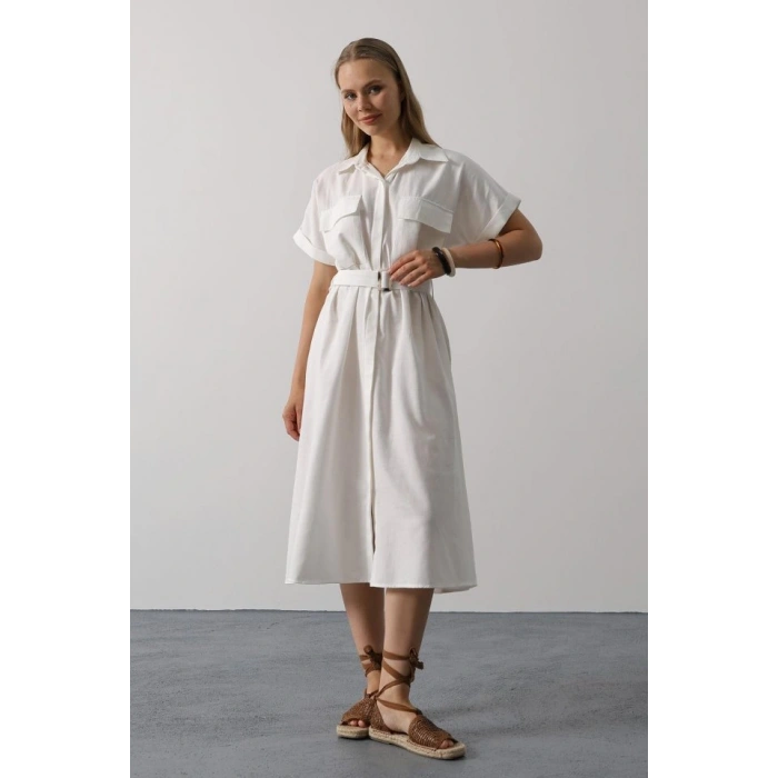 Kuşaklı Cep Detaylı Yarım Kol Elbise  Beyaz