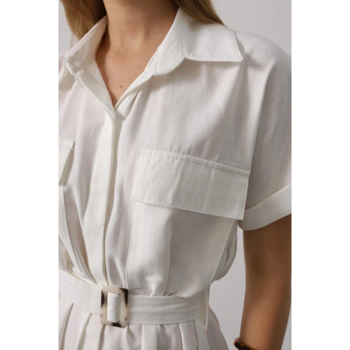 Kuşaklı Cep Detaylı Yarım Kol Elbise  Beyaz