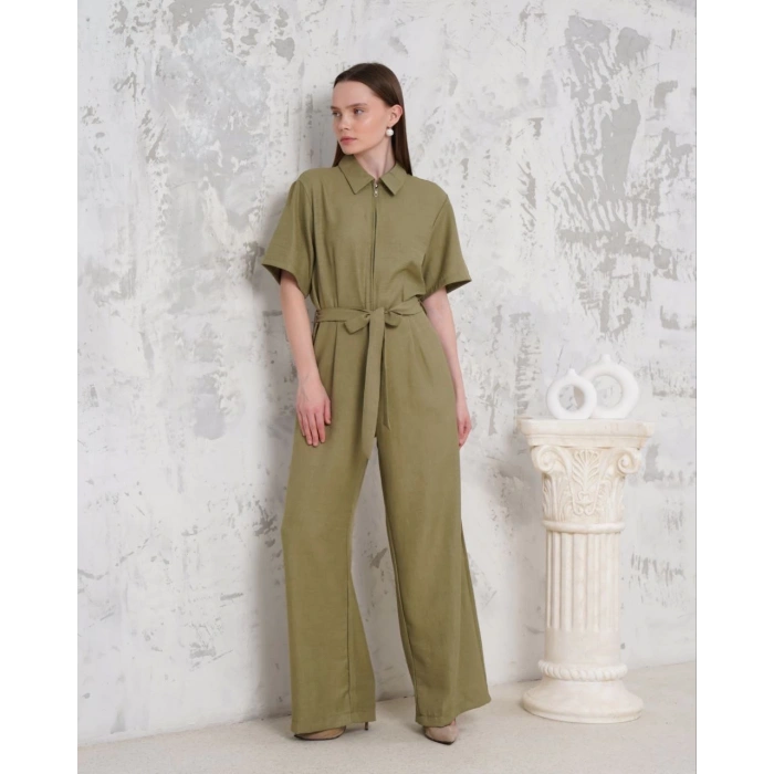 Kuşaklı gömlek yaka salaş tulum haki s255822