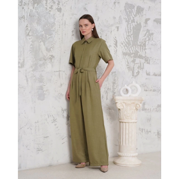 Kuşaklı gömlek yaka salaş tulum haki s255822