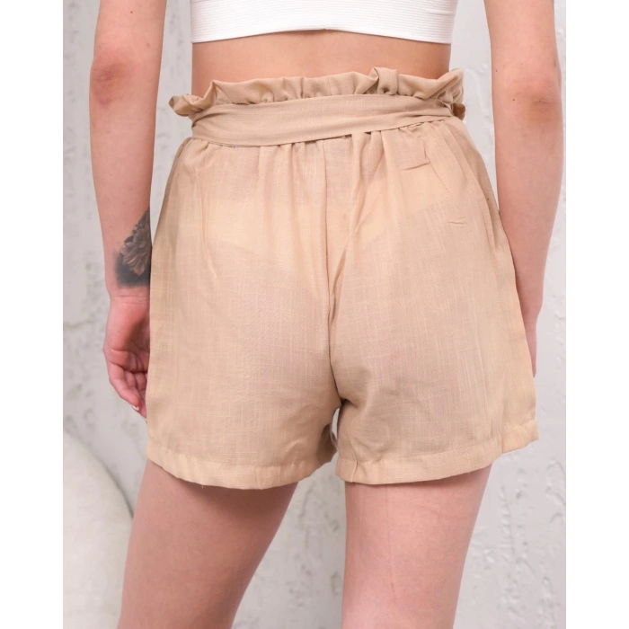 Kuşaklı keten şort bej s255265