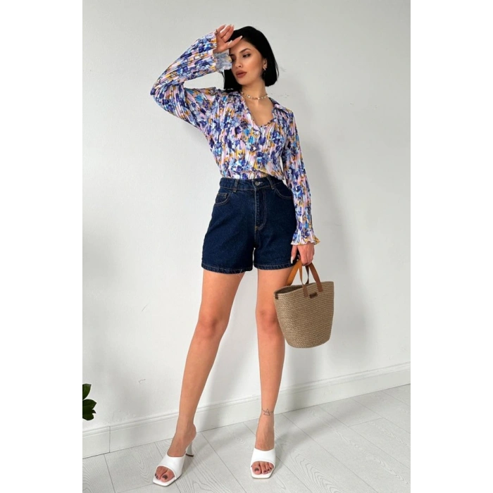 Lila Piliseli Çiçek Desen Gömlek