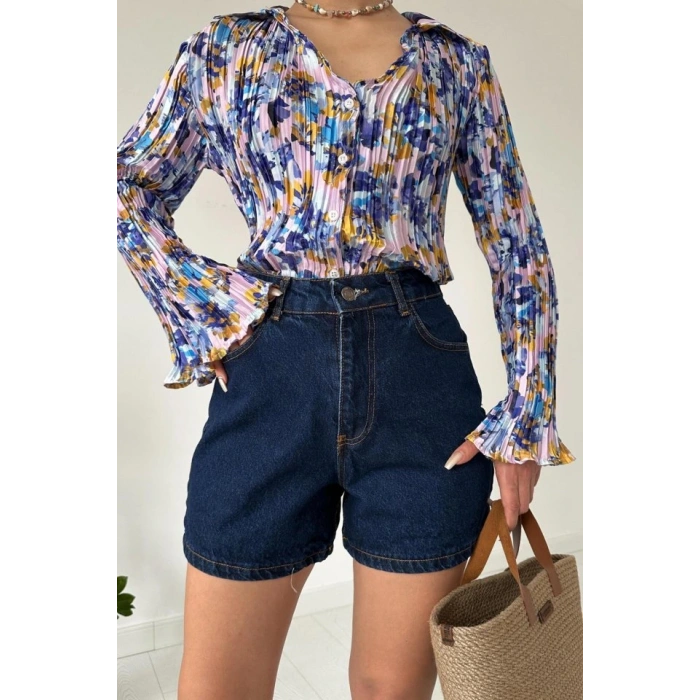 Lila Piliseli Çiçek Desen Gömlek