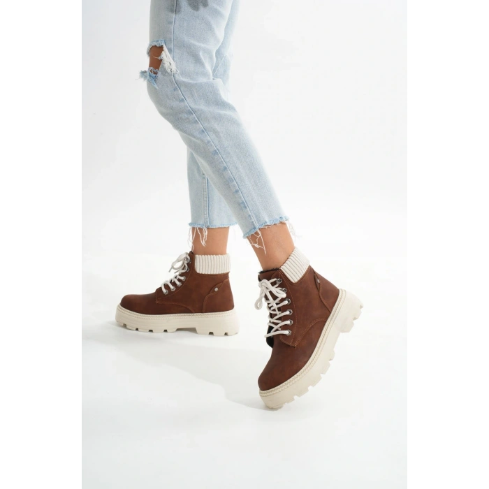 LMÇ-2045 Kahverengi Süet Bağcıklı Kalın Taban Kadın Günlük Bot