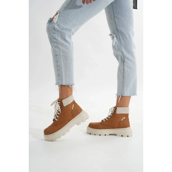 LMÇ-2045 Taba Süet Bağcıklı Kalın Taban Kadın Günlük Bot