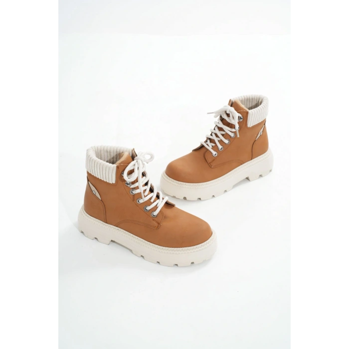 LMÇ-2045 Taba Süet Bağcıklı Kalın Taban Kadın Günlük Bot