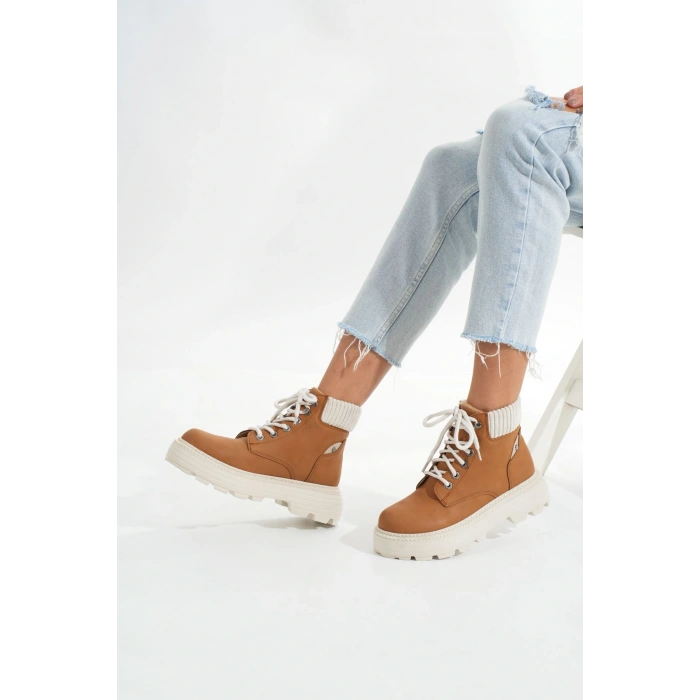 LMÇ-2045 Taba Süet Bağcıklı Kalın Taban Kadın Günlük Bot