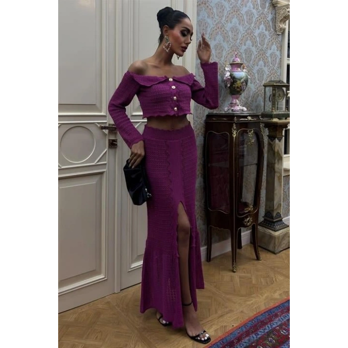 Madonna Yaka Derin Yırtmaç Etekli Şık Triko Takım 10099