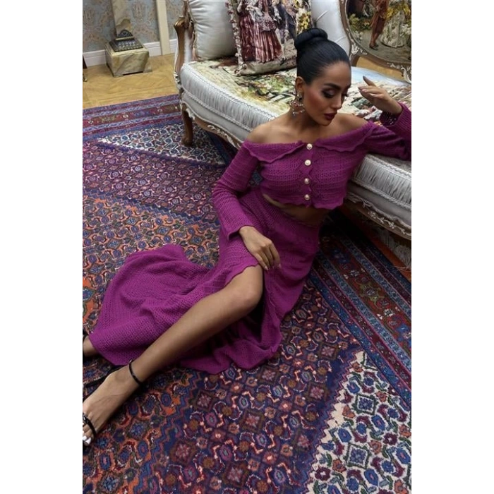 Madonna Yaka Derin Yırtmaç Etekli Şık Triko Takım 10099