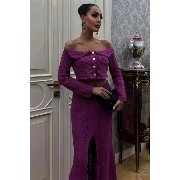 Madonna Yaka Derin Yırtmaç Etekli Şık Triko Takım 10099