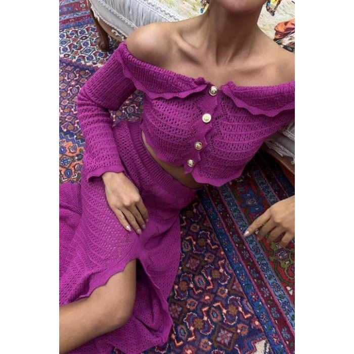 Madonna Yaka Derin Yırtmaç Etekli Şık Triko Takım 10099