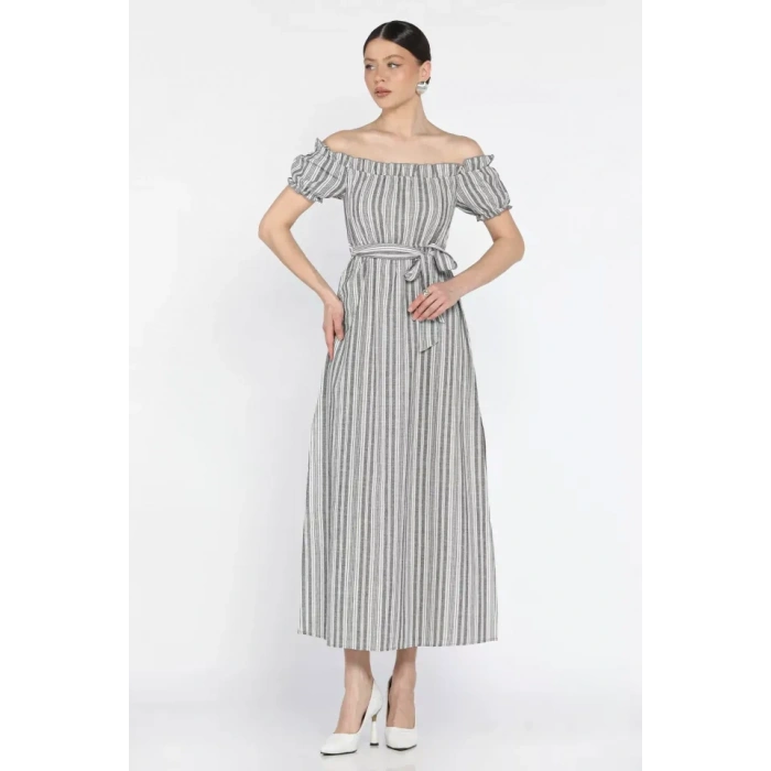 Madonna yaka midi yırtmaçlı kuşaklı keten elbise