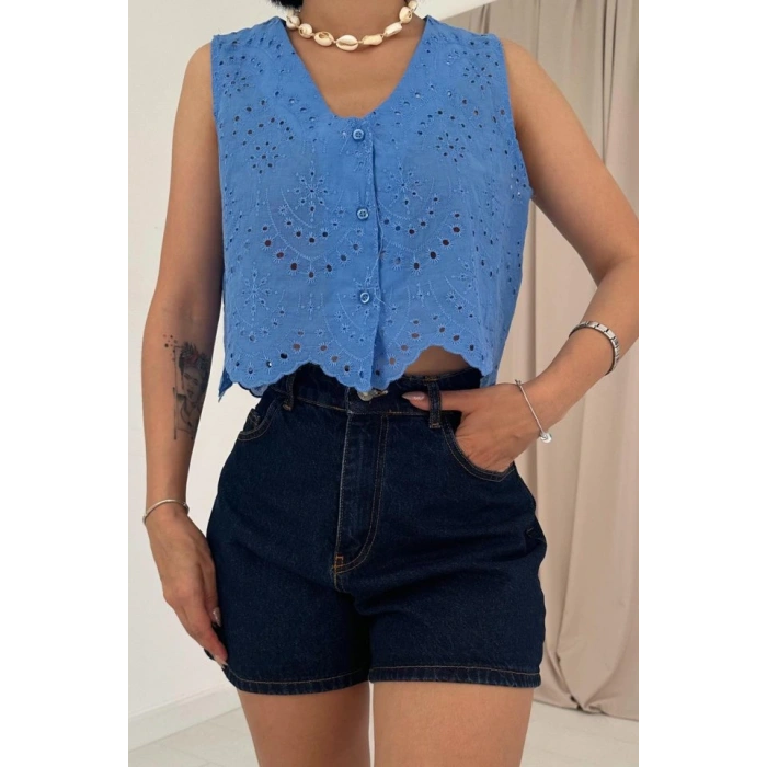 Mavi ıfır Kol Brode Bluz