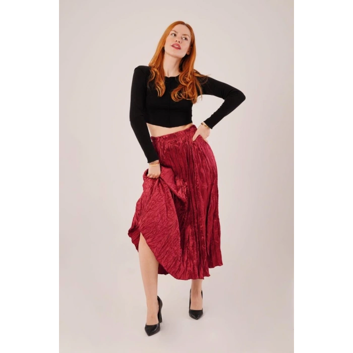 Midi Boy Pileli aten Bordo Etek