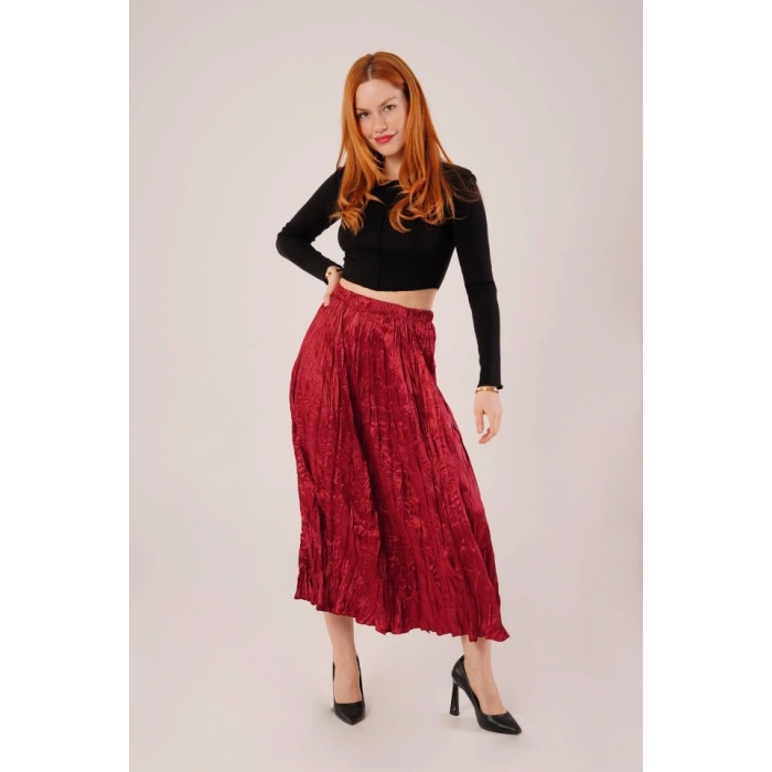 Midi Boy Pileli aten Bordo Etek