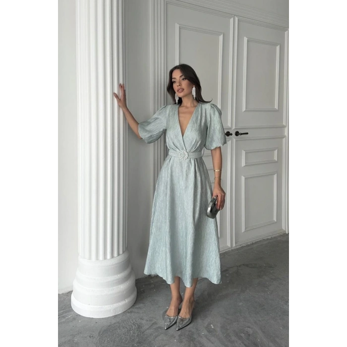 int Işıltılı Kemerli Kruvaze Elbise