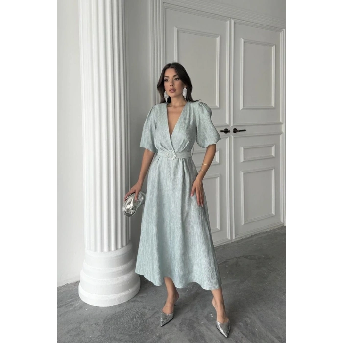 int Işıltılı Kemerli Kruvaze Elbise