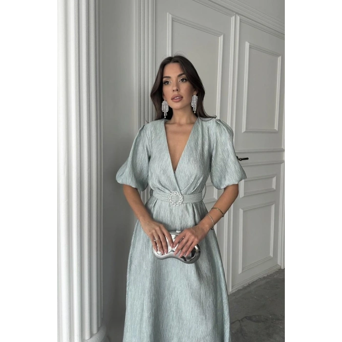 int Işıltılı Kemerli Kruvaze Elbise