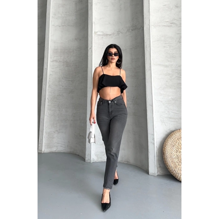 Mom fit enzim taş yıkama jeans pantolon füme d2006