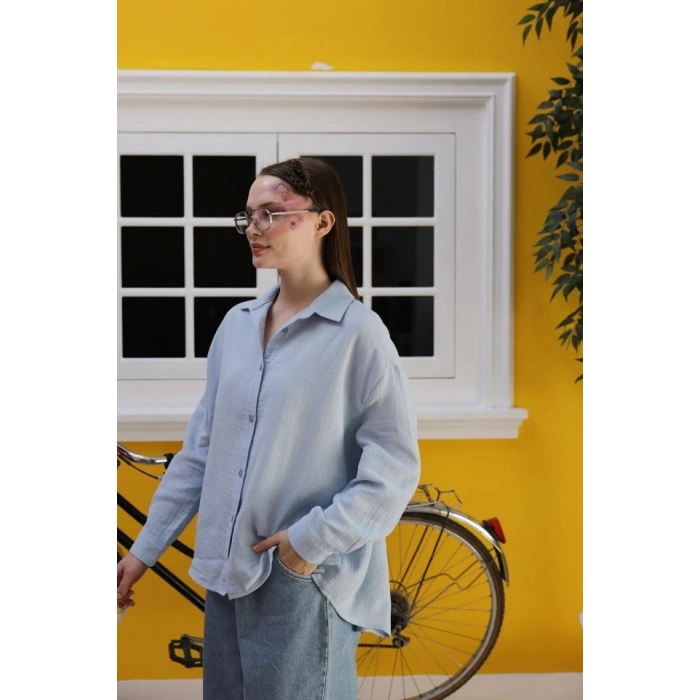 Müslin Uzun Kol Gömlek  Bebe Mavisi