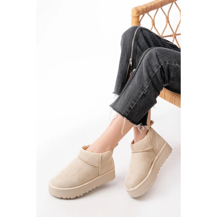 NDR-2850 Bej Süet İçi Kürklü Kışlık Kapalı Burun Kadın Günlük Terlik