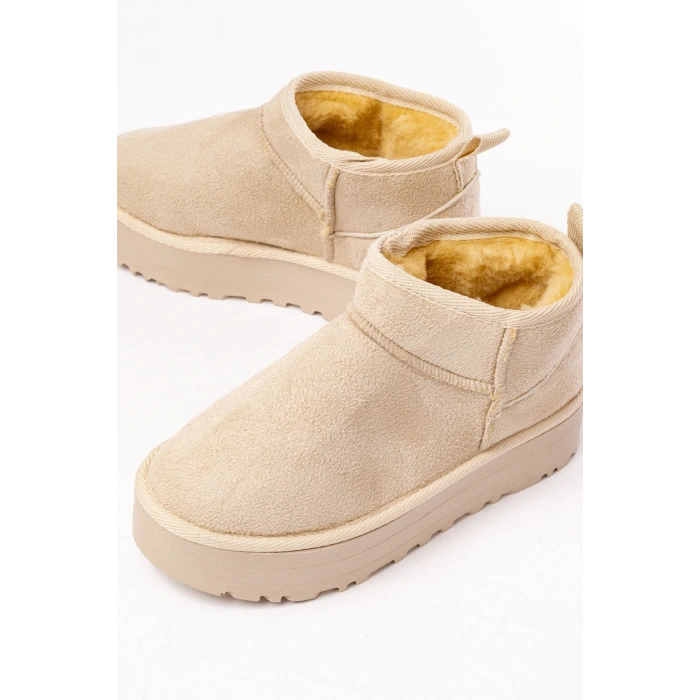 NDR-2850 Bej Süet İçi Kürklü Kışlık Kapalı Burun Kadın Günlük Terlik