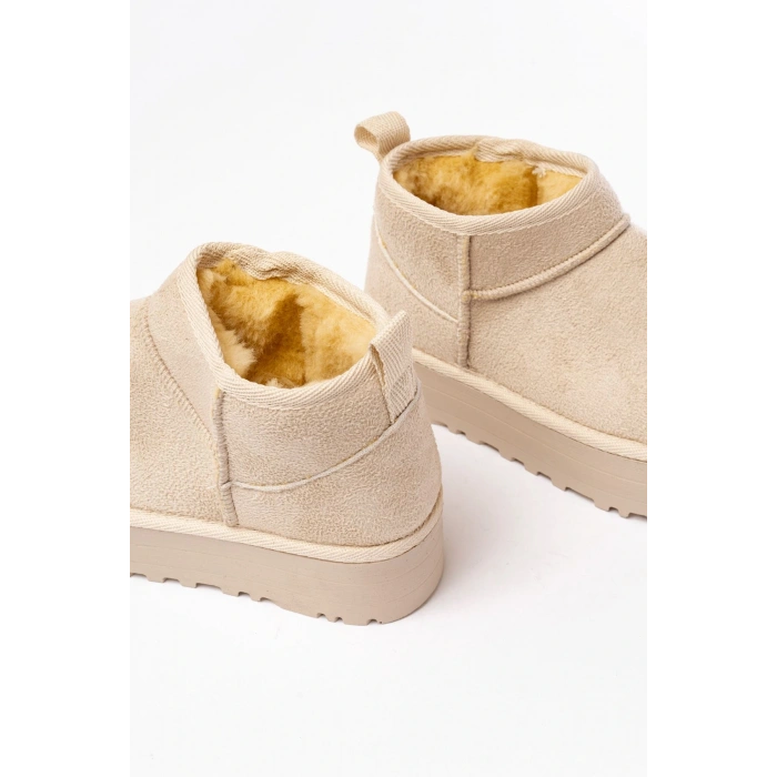 NDR-2850 Bej Süet İçi Kürklü Kışlık Kapalı Burun Kadın Günlük Terlik