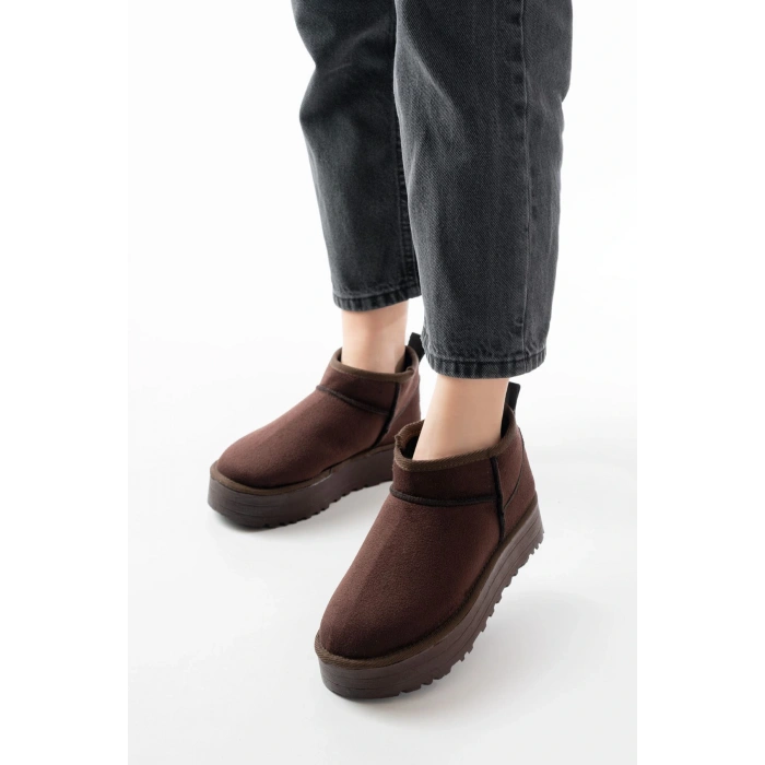 NDR-2850 Kahverengi Süet İçi Kürklü Kışlık Kapalı Burun Kadın Günlük Terlik