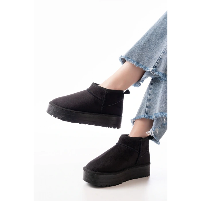 NDR-2850 Siyah Süet İçi Kürklü Kışlık Kapalı Burun Kadın Günlük Terlik