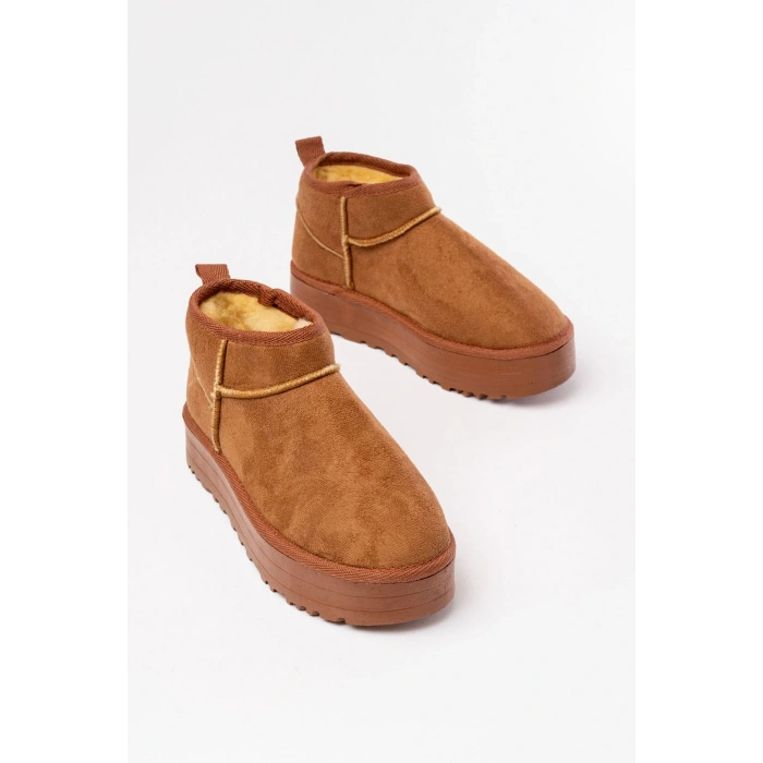 NDR-2850 Taba Süet İçi Kürklü Kışlık Kapalı Burun Kadın Günlük Terlik