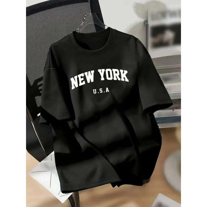 New York Baskılı Oversize Bisiklet Yaka Tshirt  iyah