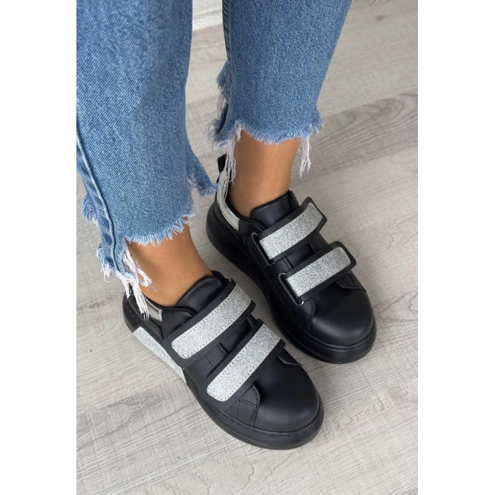 Nino Siyah Cilt Simli Cırt Cırtlı Spor Ayakkabı