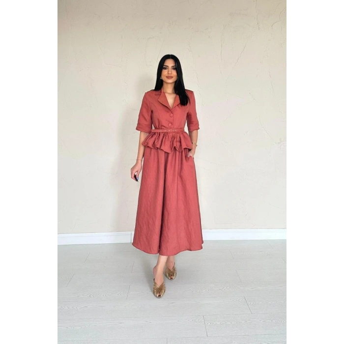 occah İnce Kemerli Fırfırlı Ceket Ve Büzgülü Etek Takım