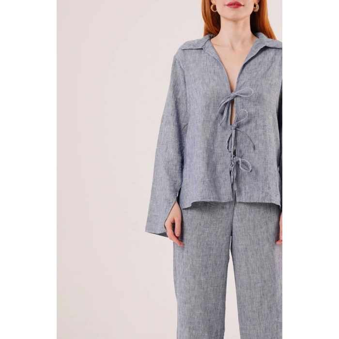 Ön Bağlama Detaylı Pantolon Ve Gömlek İndigo İkili Takım