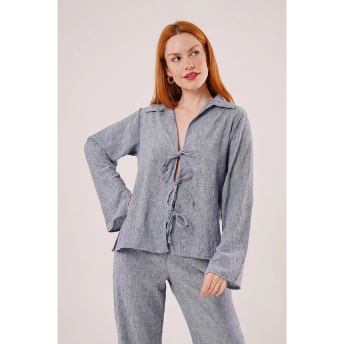 Ön Bağlama Detaylı Pantolon Ve Gömlek İndigo İkili Takım