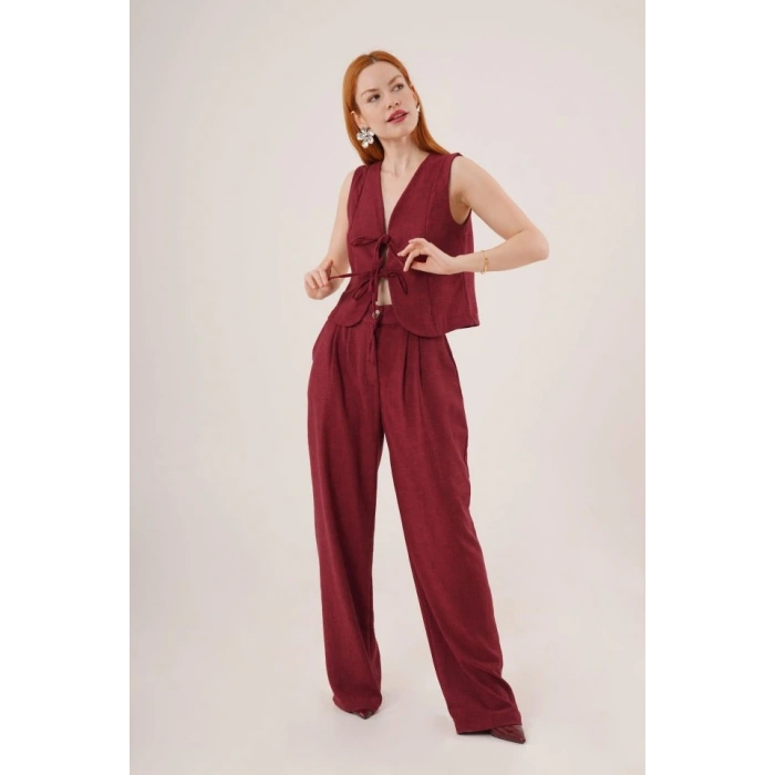 Ön Bağlama Detaylı Yelek Ve Pantolon Bordo İkili Takım