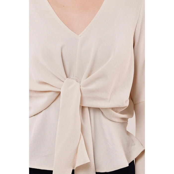 Ön Bağlamalı Volan Kol Ekru Bluz