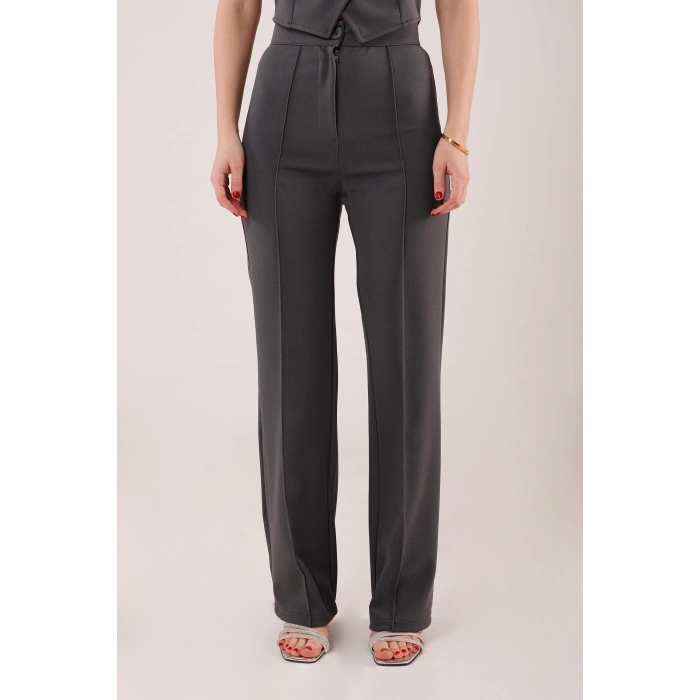 Ön Dikiş Detaylı Tek Düğme Gri Pantolon