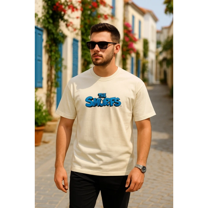 Ön Ve Arka Baskılı Oversize Bisiklet Yaka Tshirt Beyaz