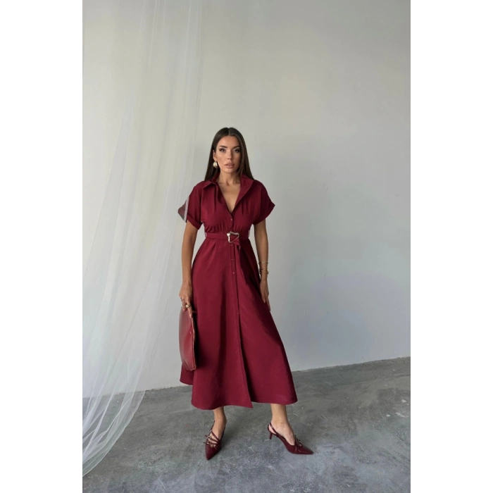 ÖNDEN DÜĞELİ CRUSHLI ODAL ELBİSE  Bordo